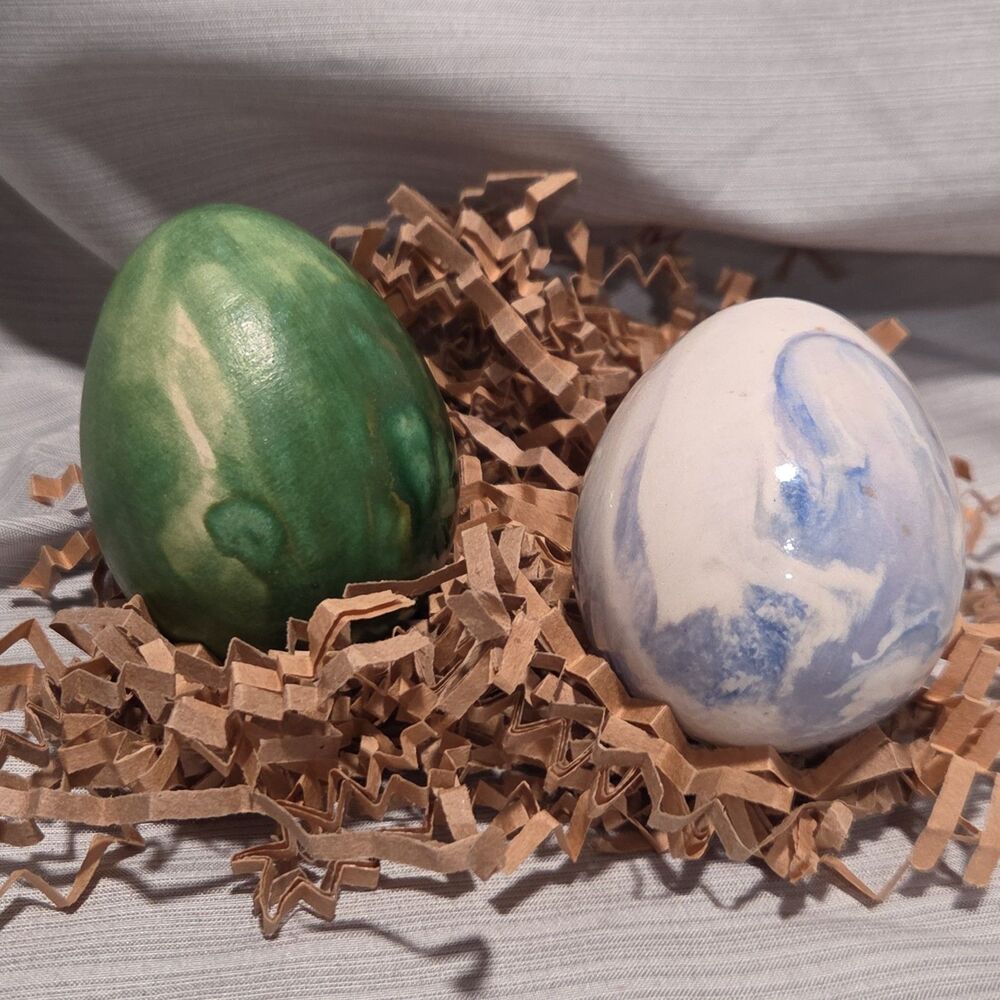 Vtg Lot Of 2 Hand-Painted Ceramic Nest Or Darning Egg Marble Blue White Green